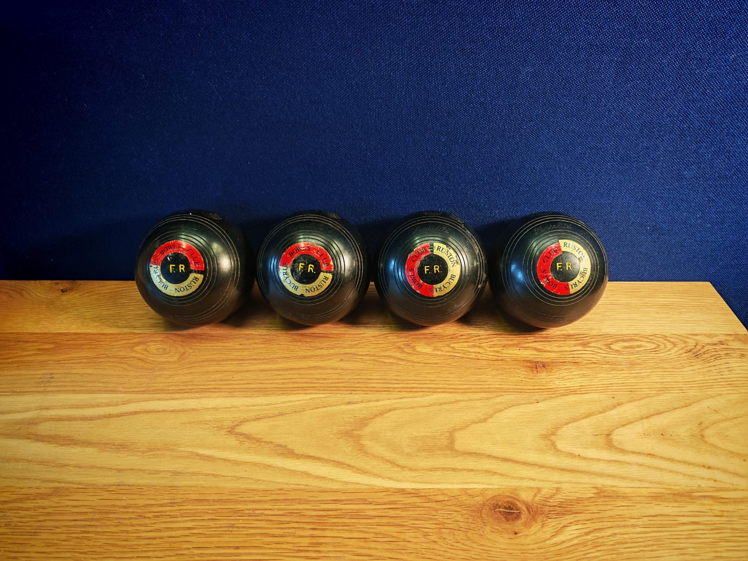 Four Vintage Henselite FR Super Grip Lawn Bowls, 4 15/16 Bias - 1970s, 1980s Vinyl or Composite - Very Good Working Condition