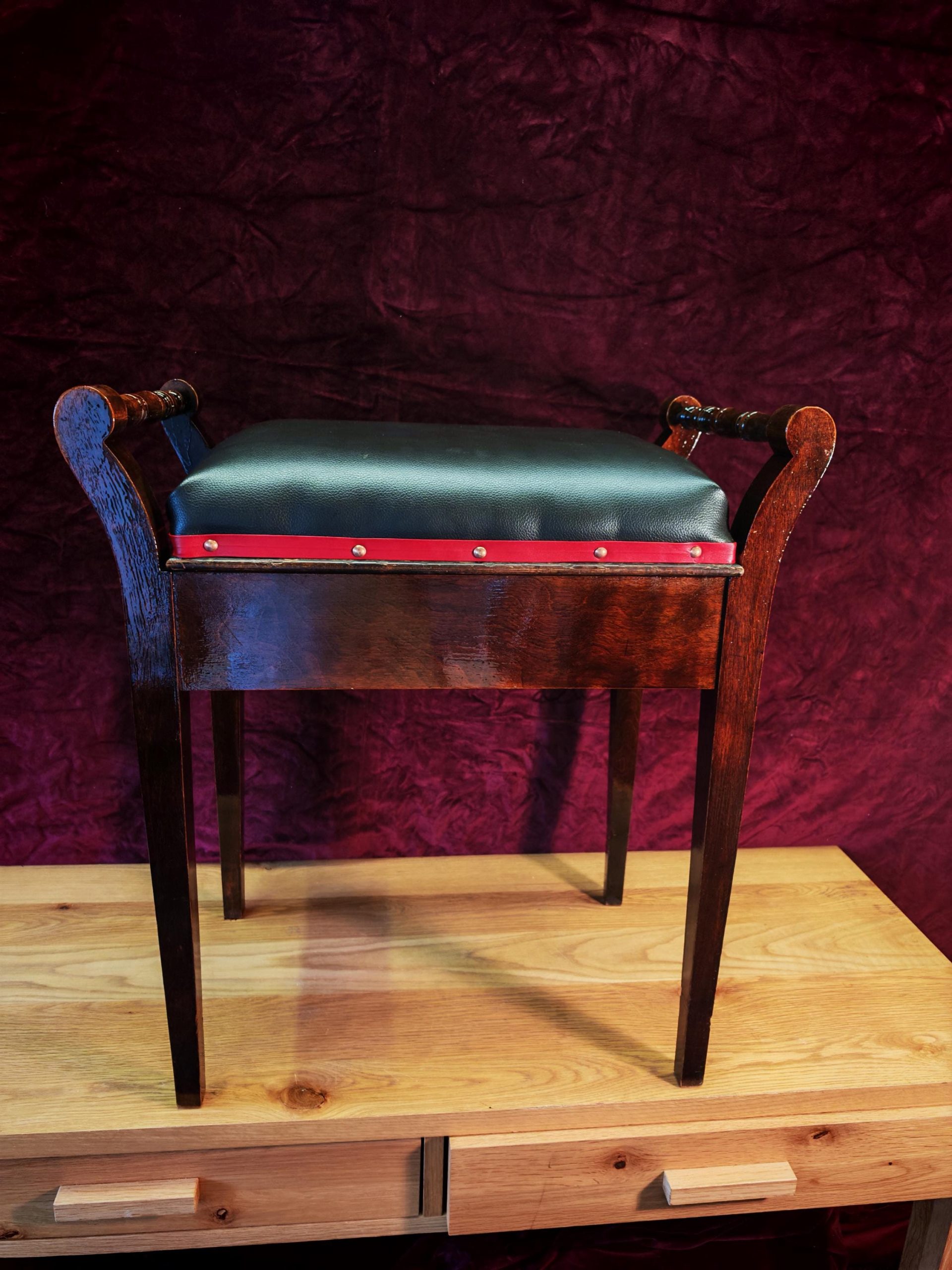 Vintage Single Seat Piano Stool - Refurbished. Soft Brown Leatherette with Red Leatherette Trim and Copper Pins. Very Good Condition - Image 2