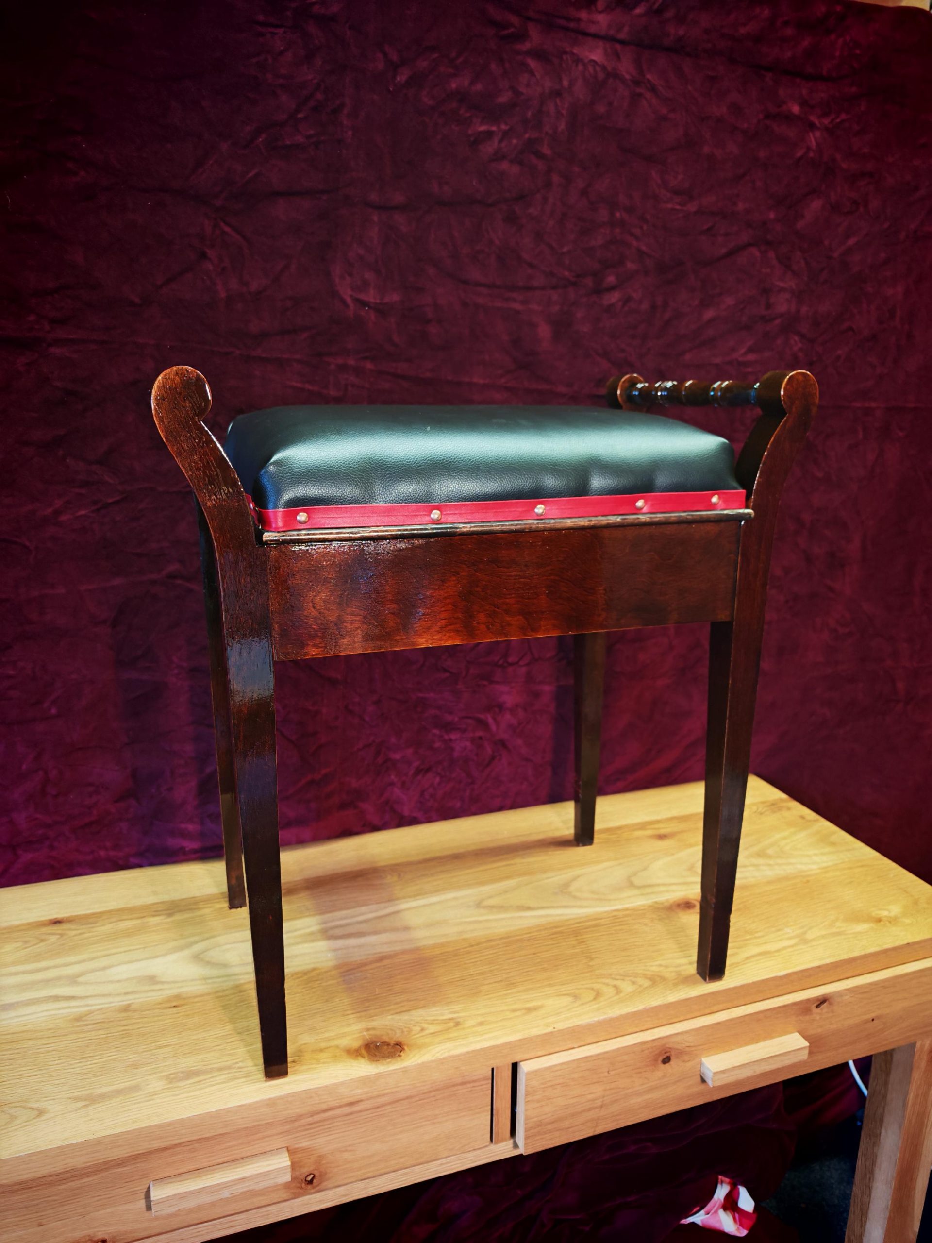 Vintage Single Seat Piano Stool - Refurbished. Soft Brown Leatherette with Red Leatherette Trim and Copper Pins. Very Good Condition - Image 9