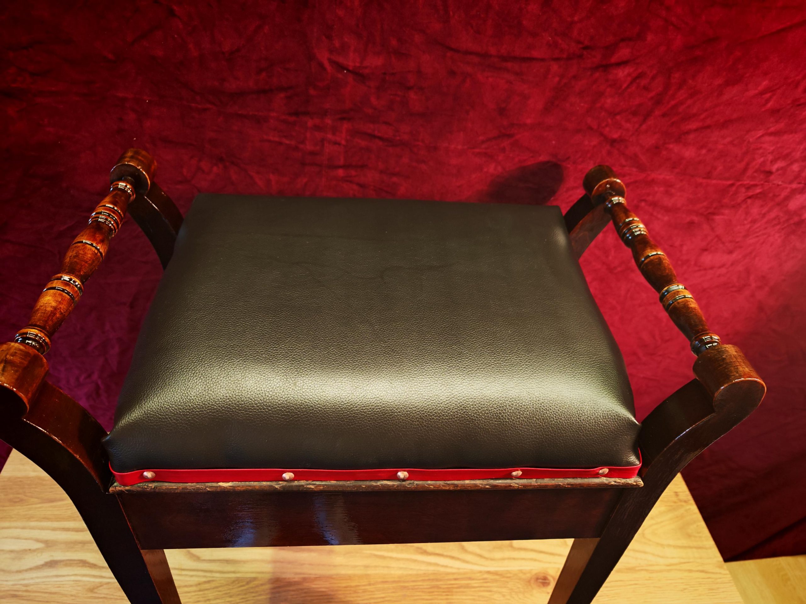 Vintage Single Seat Piano Stool - Refurbished. Soft Brown Leatherette with Red Leatherette Trim and Copper Pins. Very Good Condition - Image 10