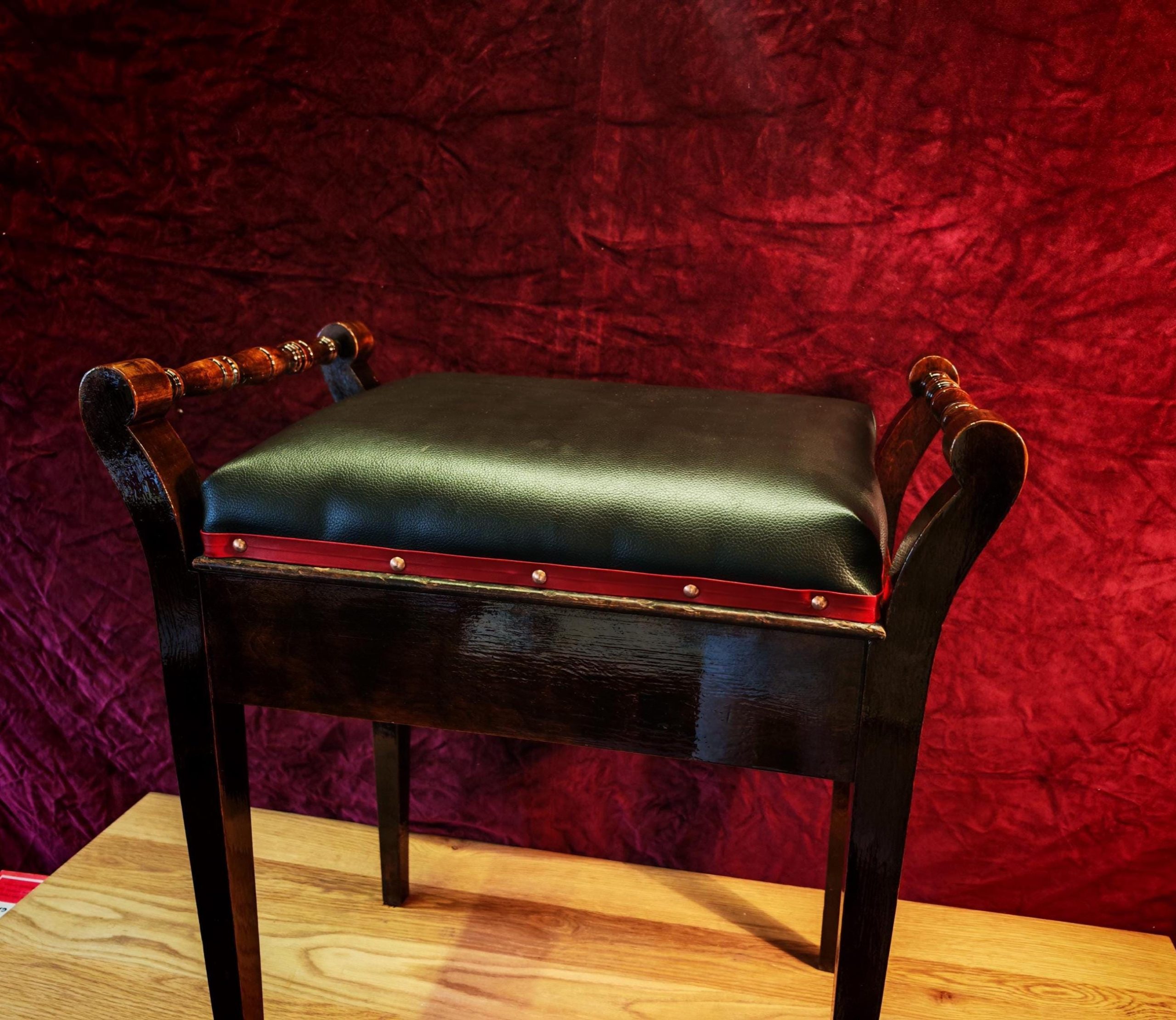 Vintage Single Seat Piano Stool - Refurbished. Soft Brown Leatherette with Red Leatherette Trim and Copper Pins. Very Good Condition - Image 3