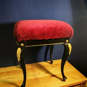 Vintage Refurbished French Style Vanity Stool. Burgundy Velvet. Black Satinwood & Gold Embellishments Rococo - Very Good Condition 54cm Tall