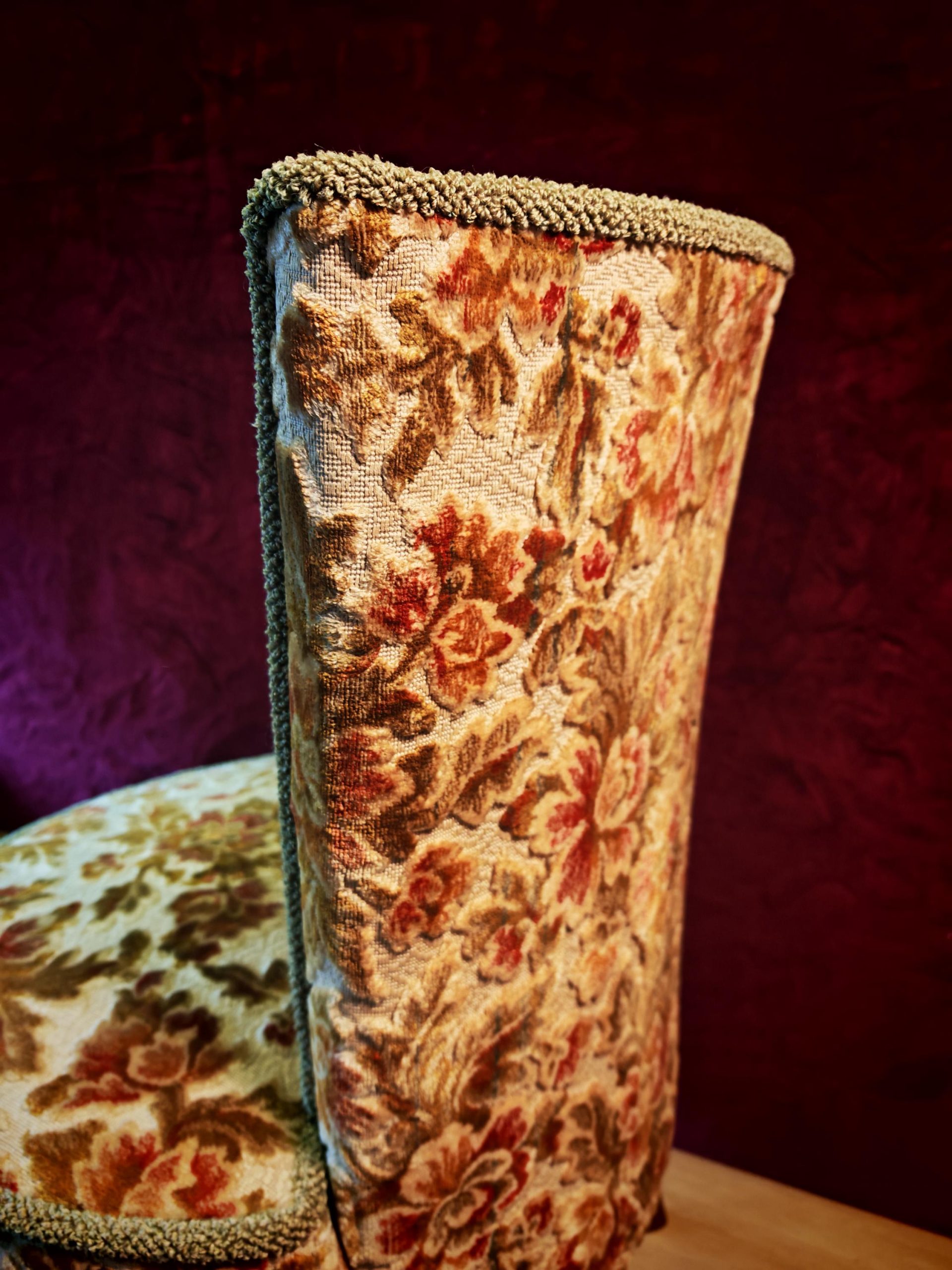 Antique High Narrow Back, Circular Seated Nursing Chair. 1950s Reupholstered. 80cm Tall. Excellent Condition - Image 7