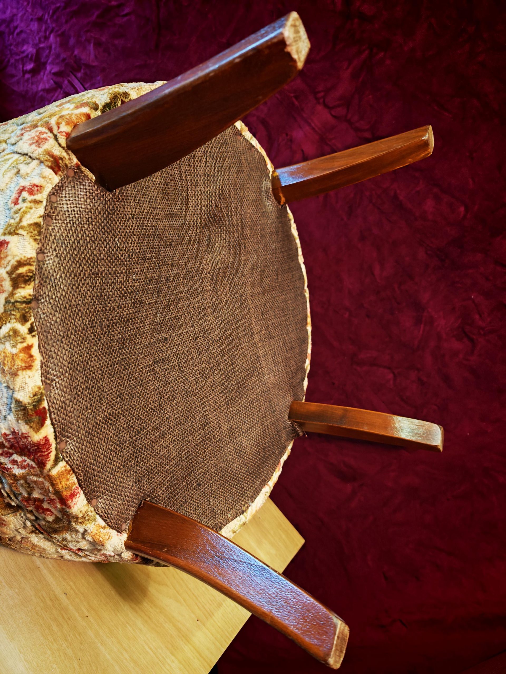 Antique High Narrow Back, Circular Seated Nursing Chair. 1950s Reupholstered. 80cm Tall. Excellent Condition - Image 8