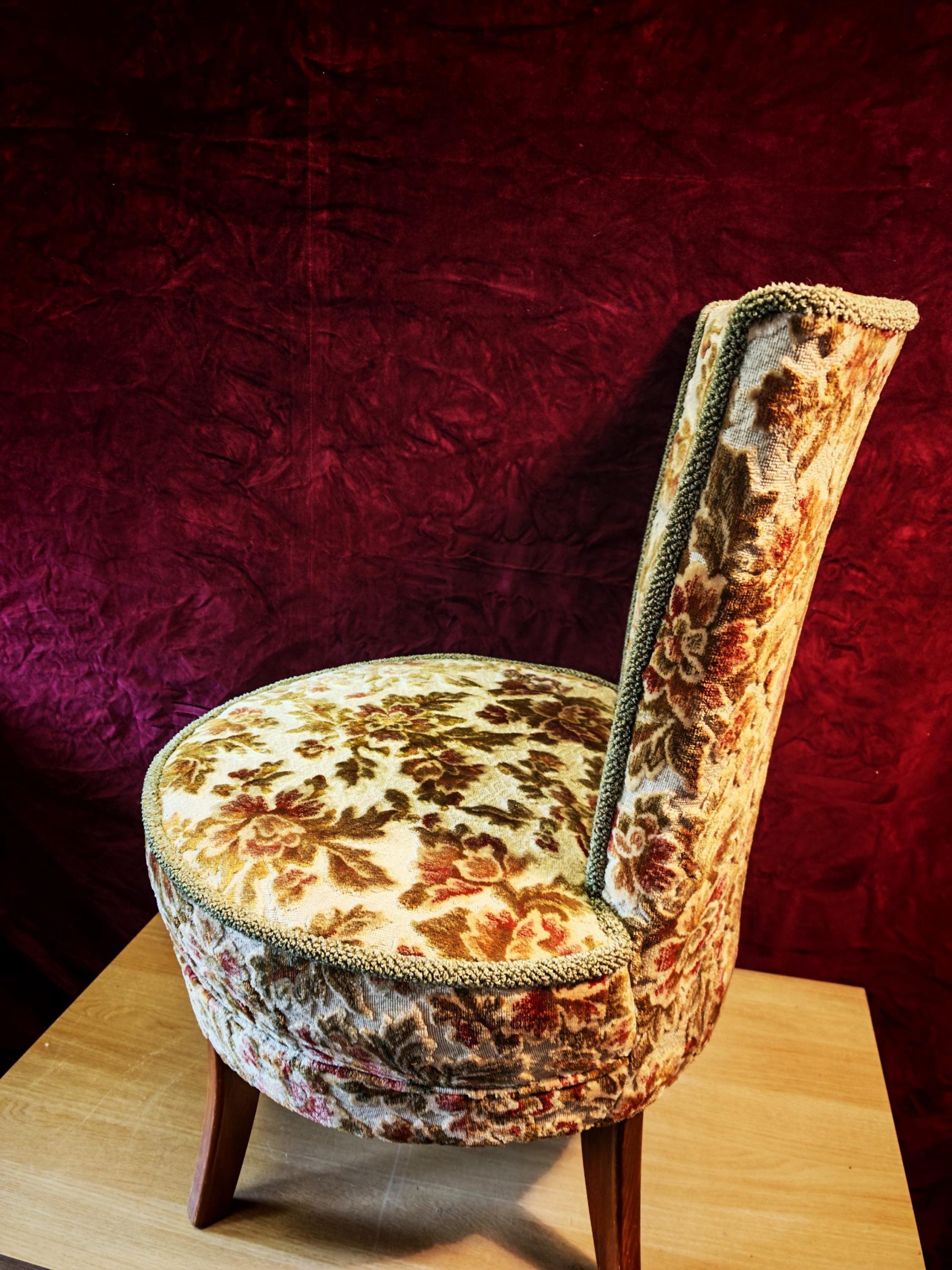 Antique High Narrow Back, Circular Seated Nursing Chair. 1950s Reupholstered. 80cm Tall. Excellent Condition - Image 4