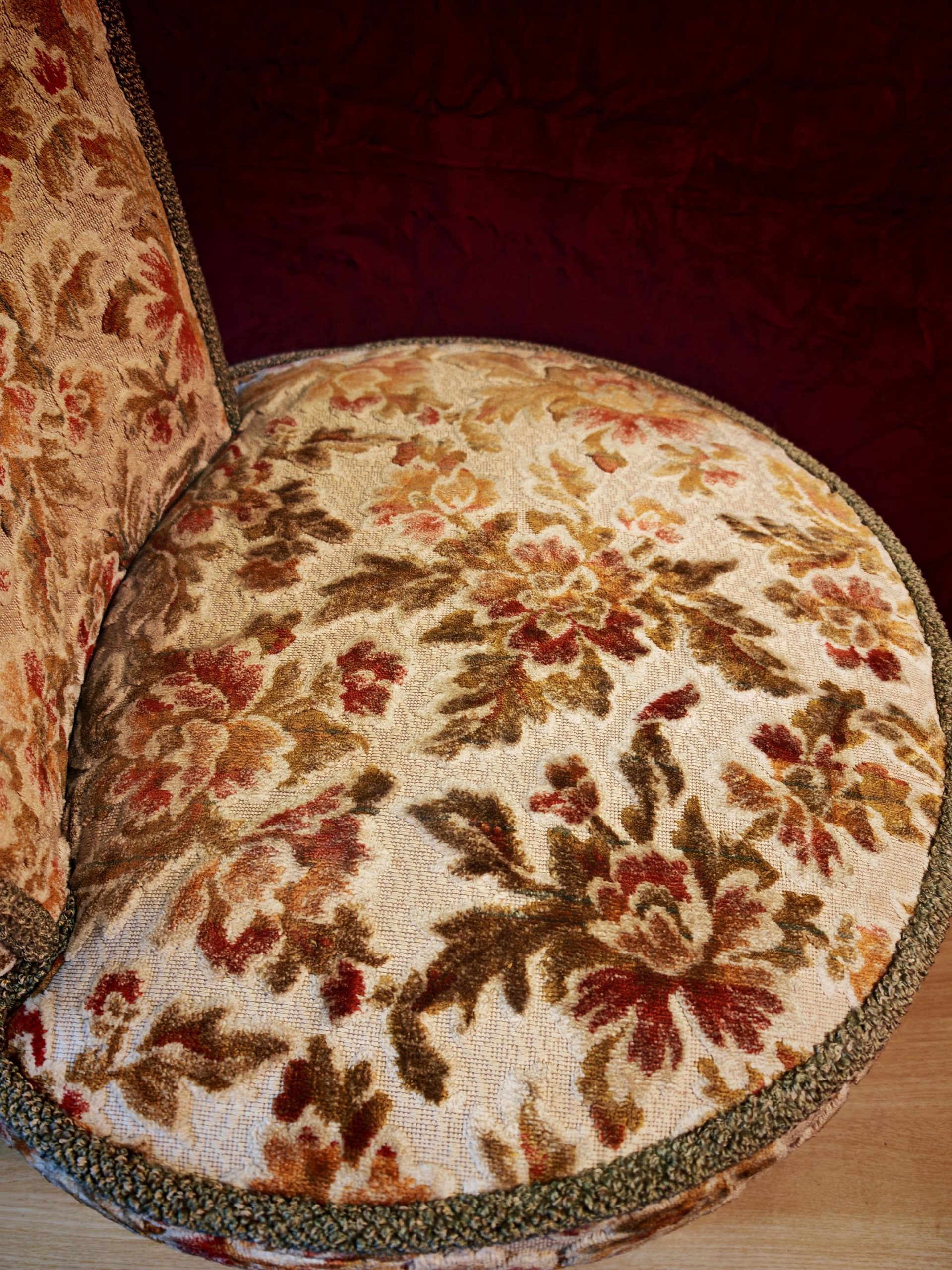 Antique High Narrow Back, Circular Seated Nursing Chair. 1950s Reupholstered. 80cm Tall. Excellent Condition - Image 10