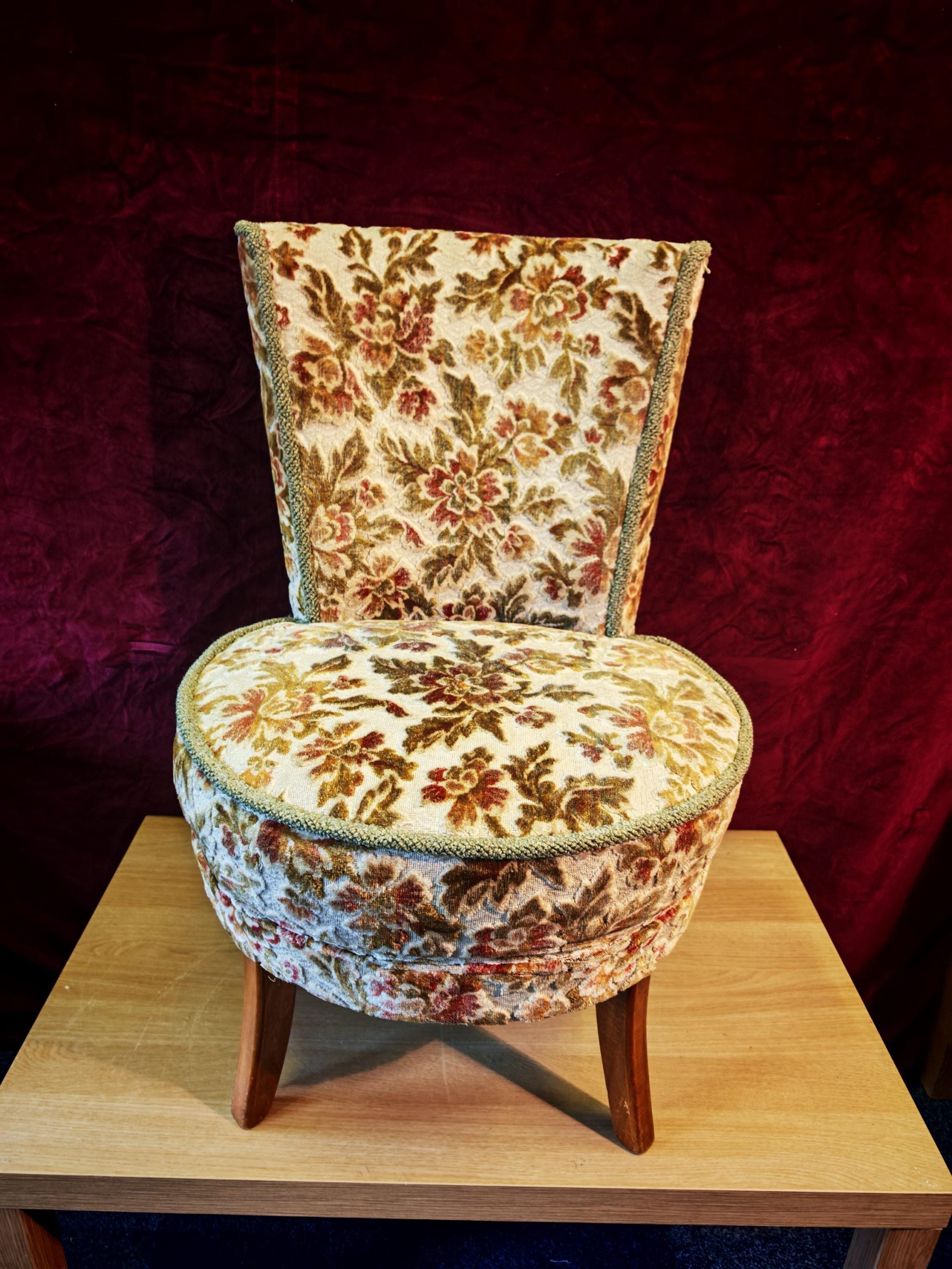 Antique High Narrow Back, Circular Seated Nursing Chair. 1950s Reupholstered. 80cm Tall. Excellent Condition - Image 2
