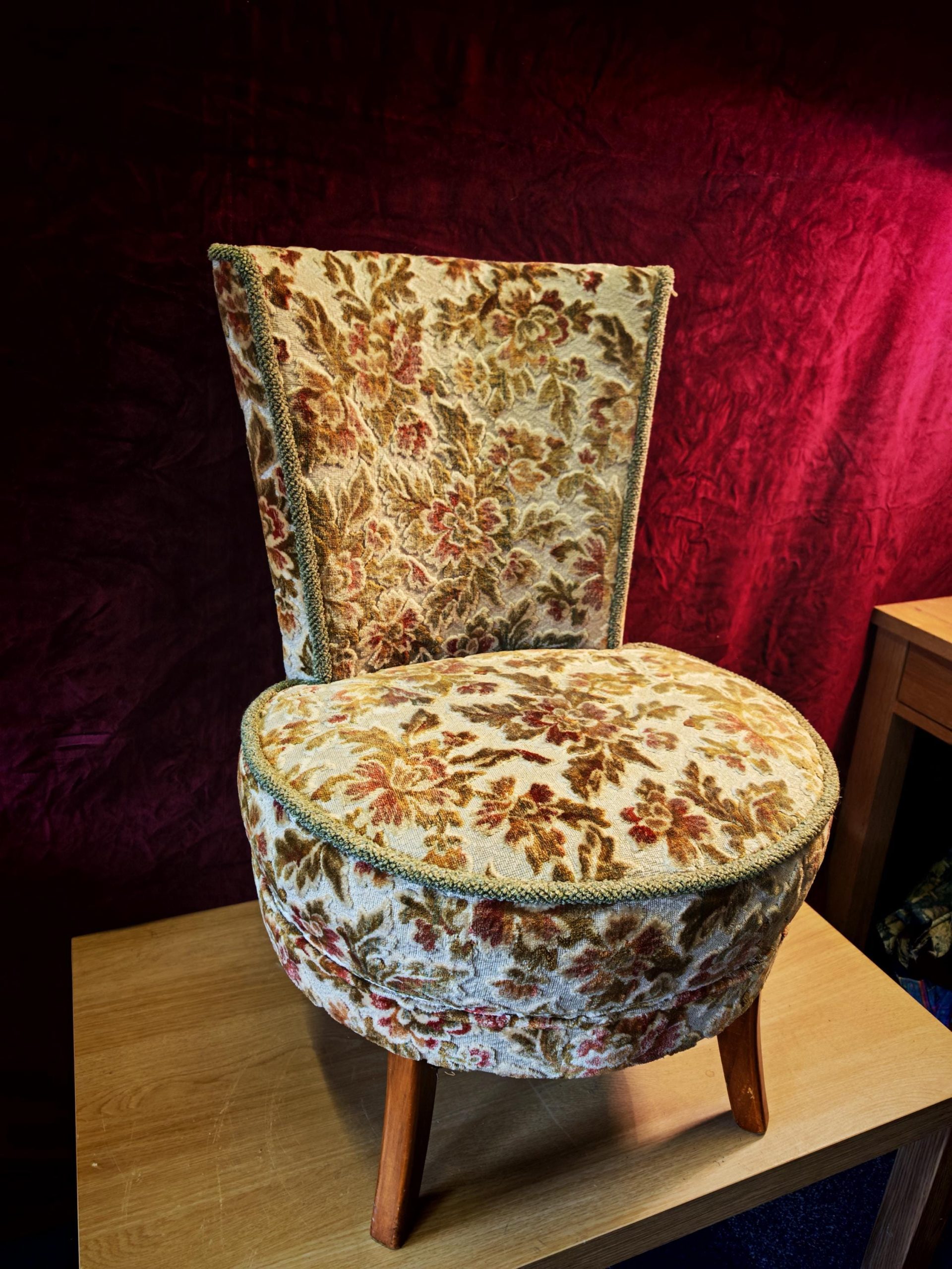 Antique High Narrow Back, Circular Seated Nursing Chair. 1950s Reupholstered. 80cm Tall. Excellent Condition