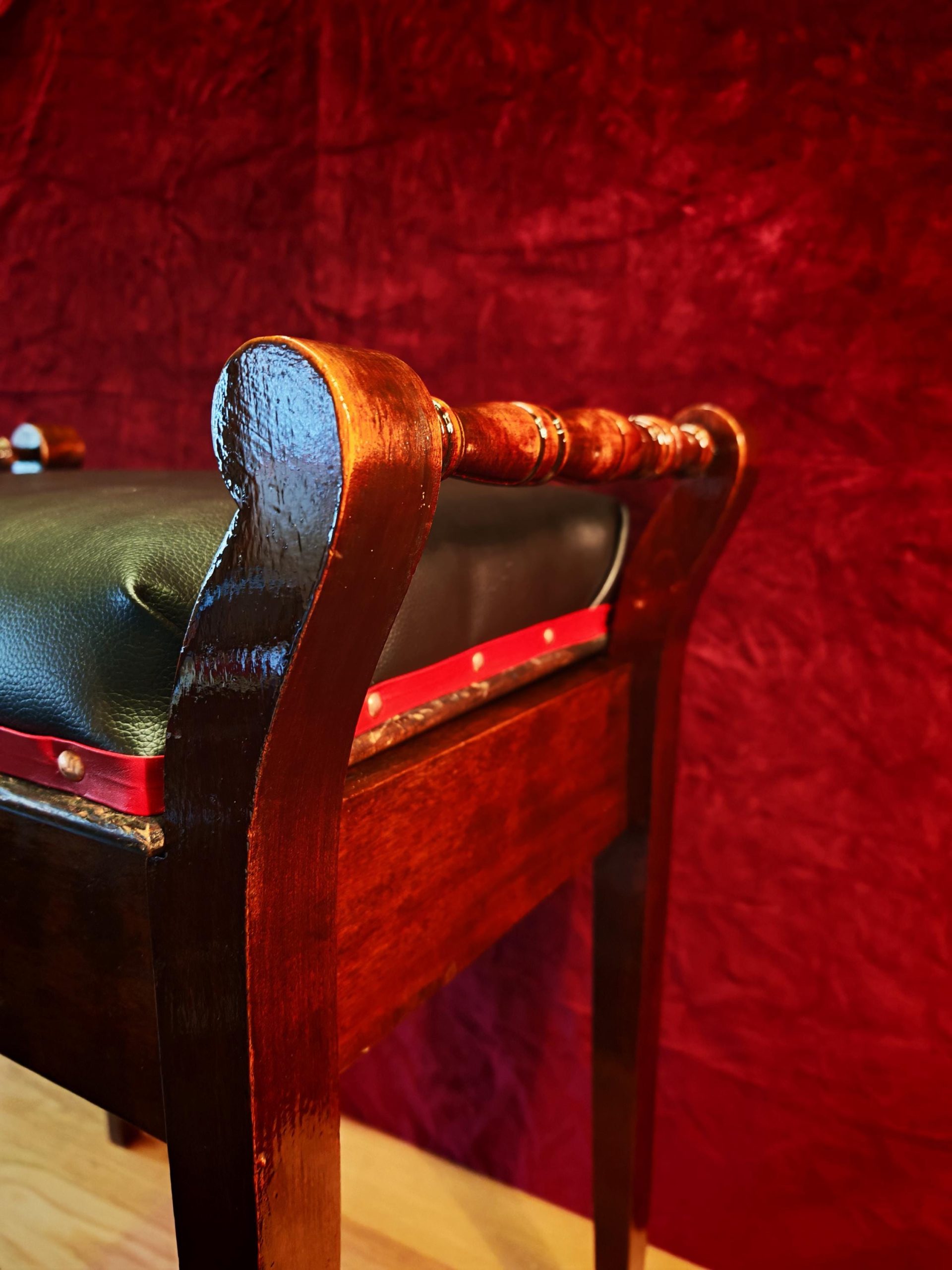 Vintage Single Seat Piano Stool - Refurbished. Soft Brown Leatherette with Red Leatherette Trim and Copper Pins. Very Good Condition - Image 4