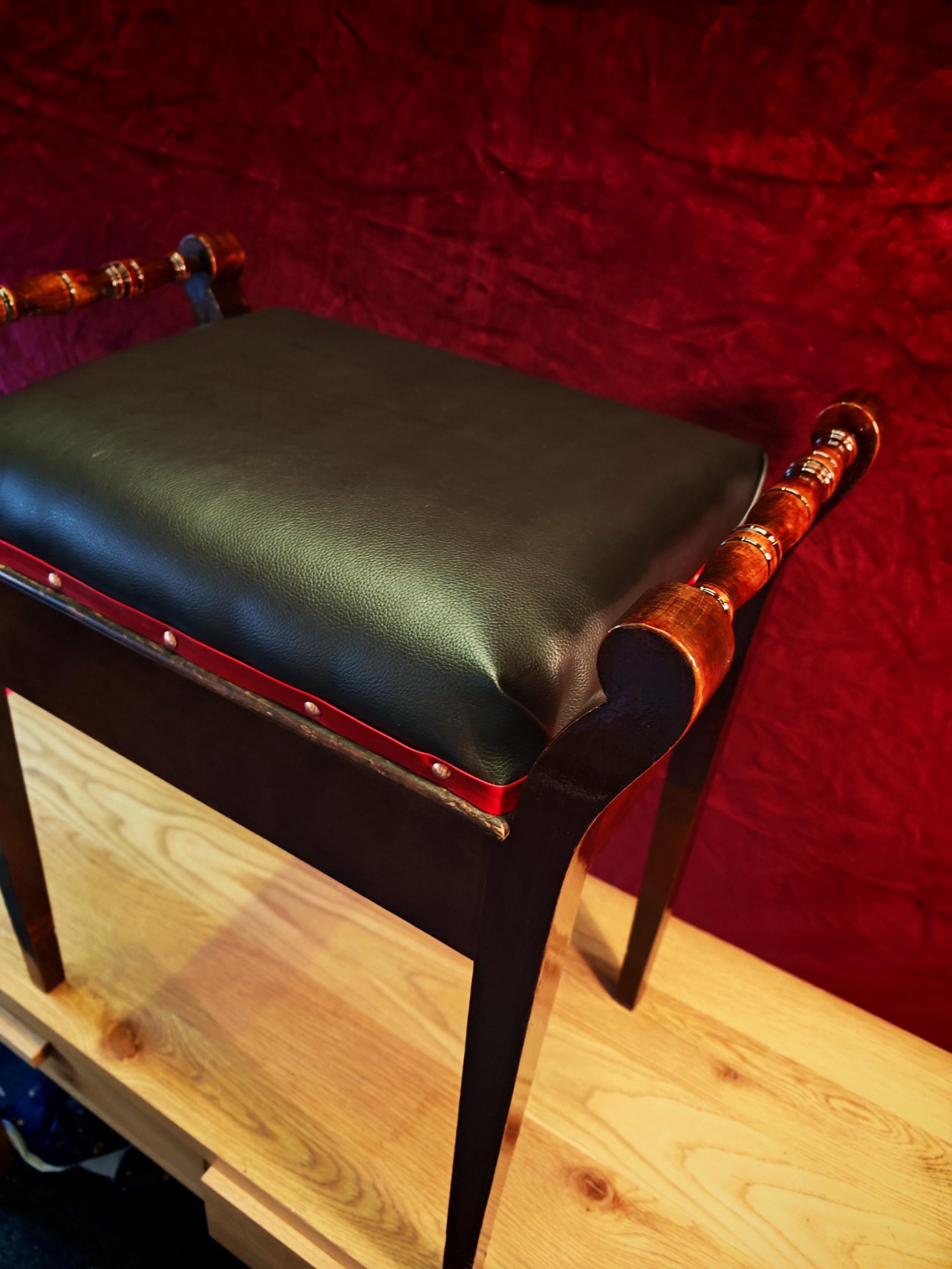 Vintage Single Seat Piano Stool - Refurbished. Soft Brown Leatherette with Red Leatherette Trim and Copper Pins. Very Good Condition - Image 5