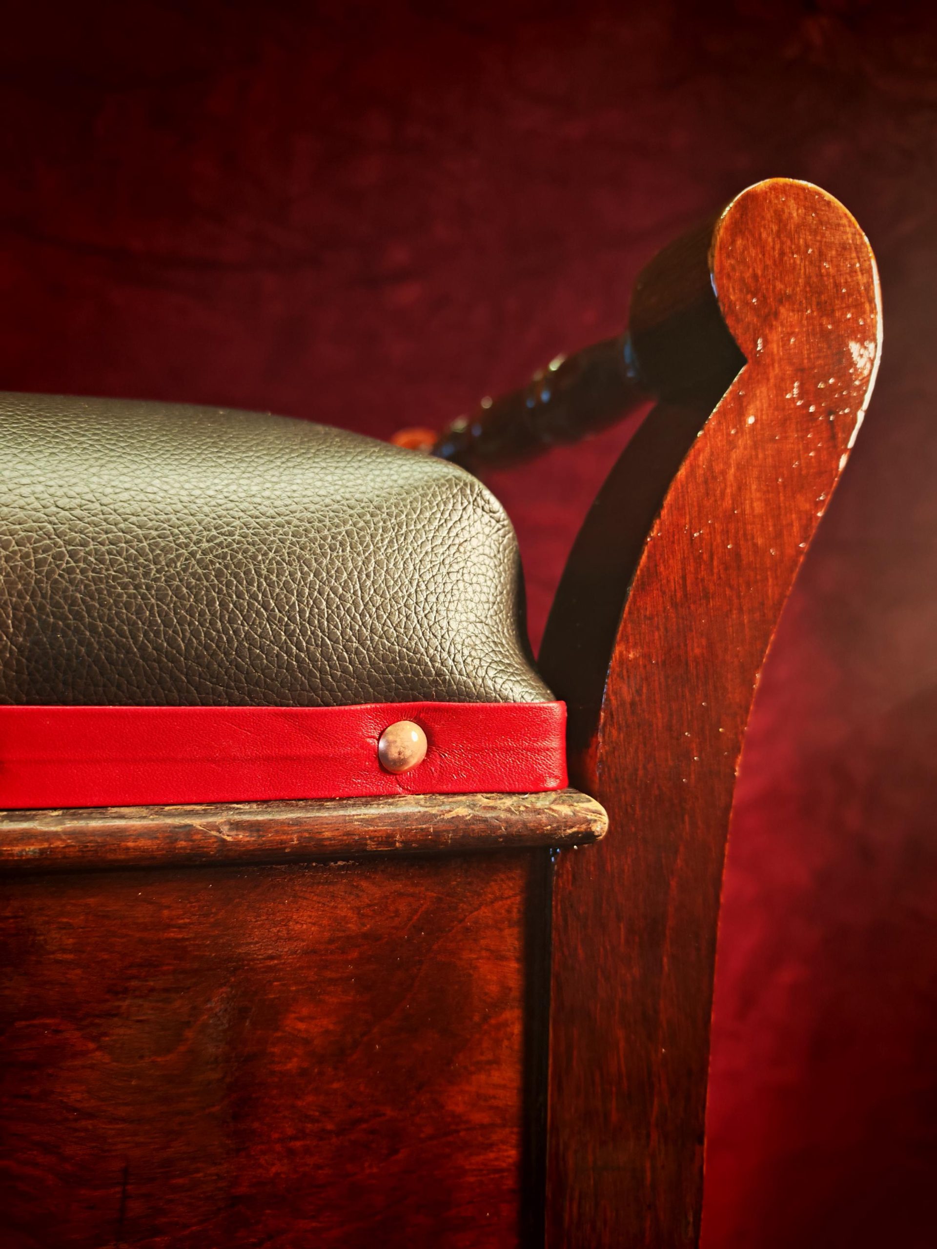 Vintage Single Seat Piano Stool - Refurbished. Soft Brown Leatherette with Red Leatherette Trim and Copper Pins. Very Good Condition - Image 6