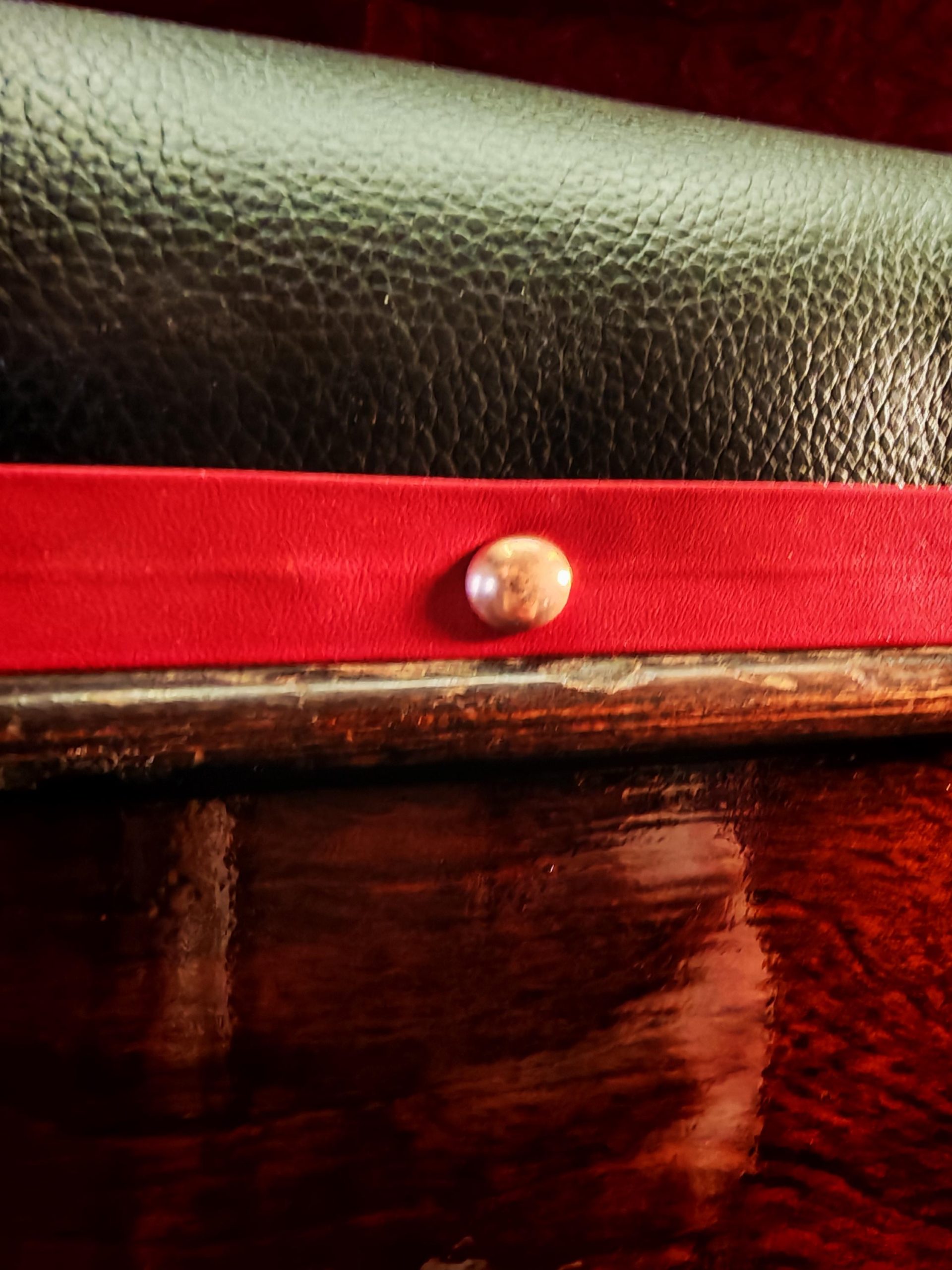 Vintage Single Seat Piano Stool - Refurbished. Soft Brown Leatherette with Red Leatherette Trim and Copper Pins. Very Good Condition - Image 7