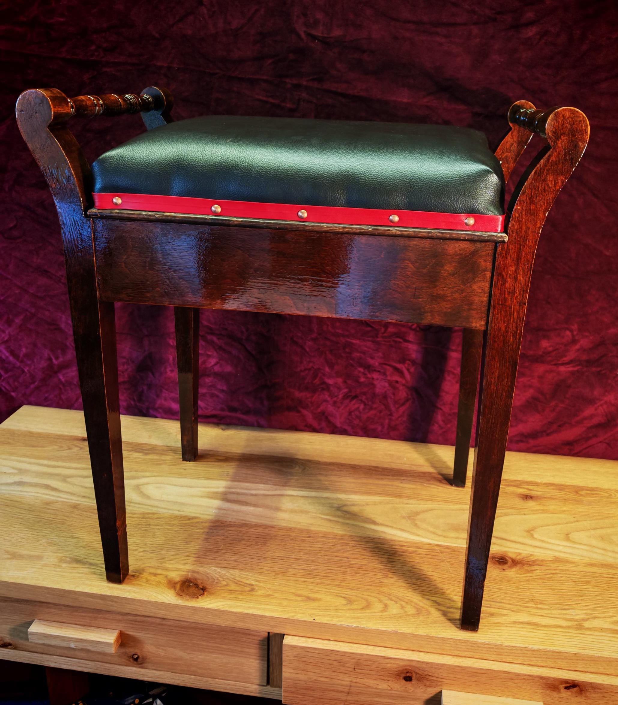Vintage Single Seat Piano Stool - Refurbished. Soft Brown Leatherette with Red Leatherette Trim and Copper Pins. Very Good Condition