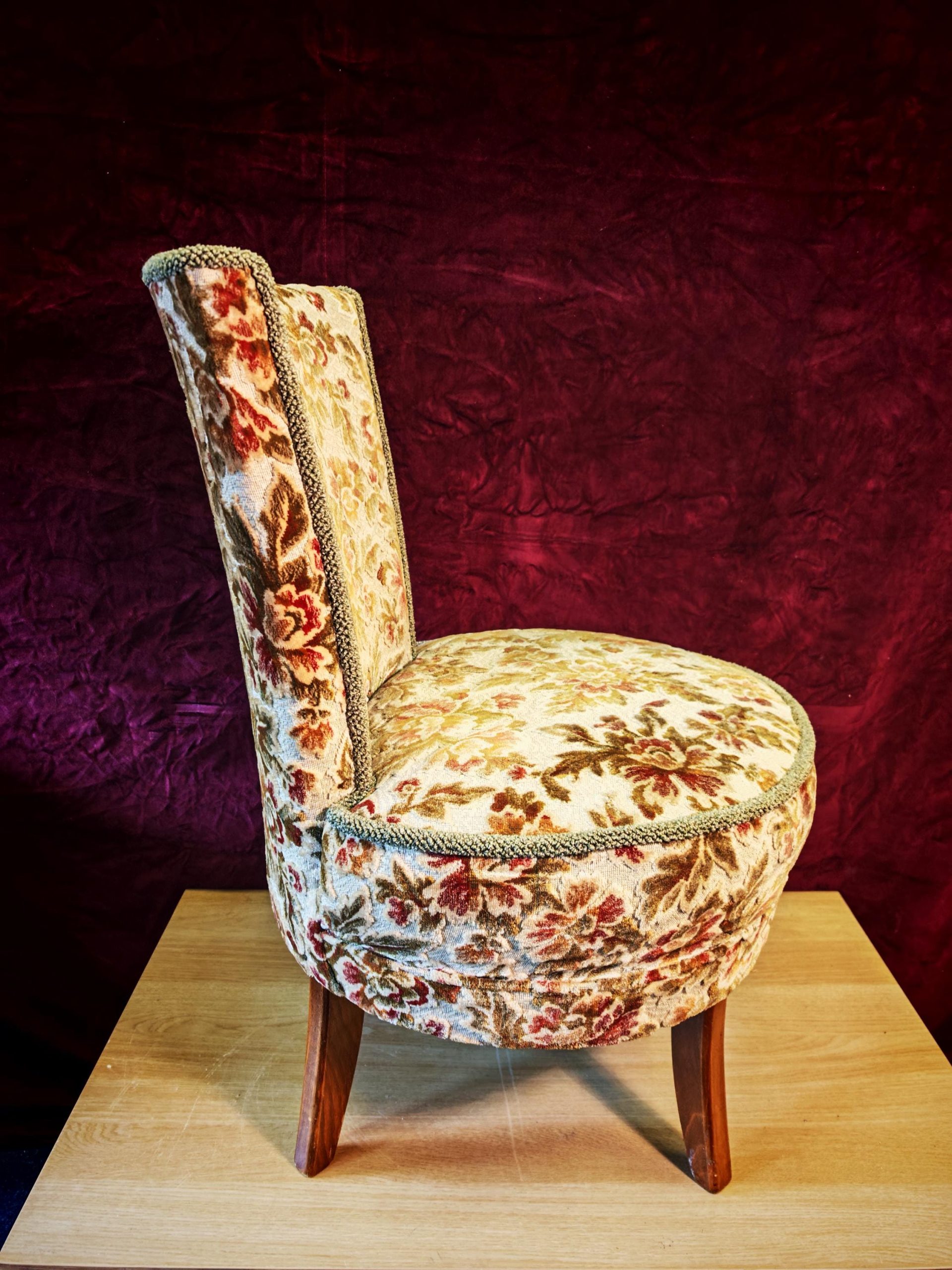 Antique High Narrow Back, Circular Seated Nursing Chair. 1950s Reupholstered. 80cm Tall. Excellent Condition - Image 3