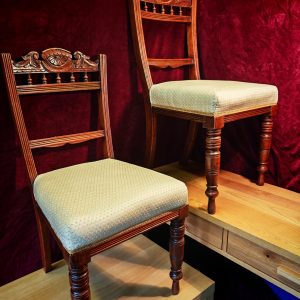 Antique Victorian Dining Chair Pair. Mahogany. Off-White and Gold Plain Decor. 91cm Tall. Very Good Condition