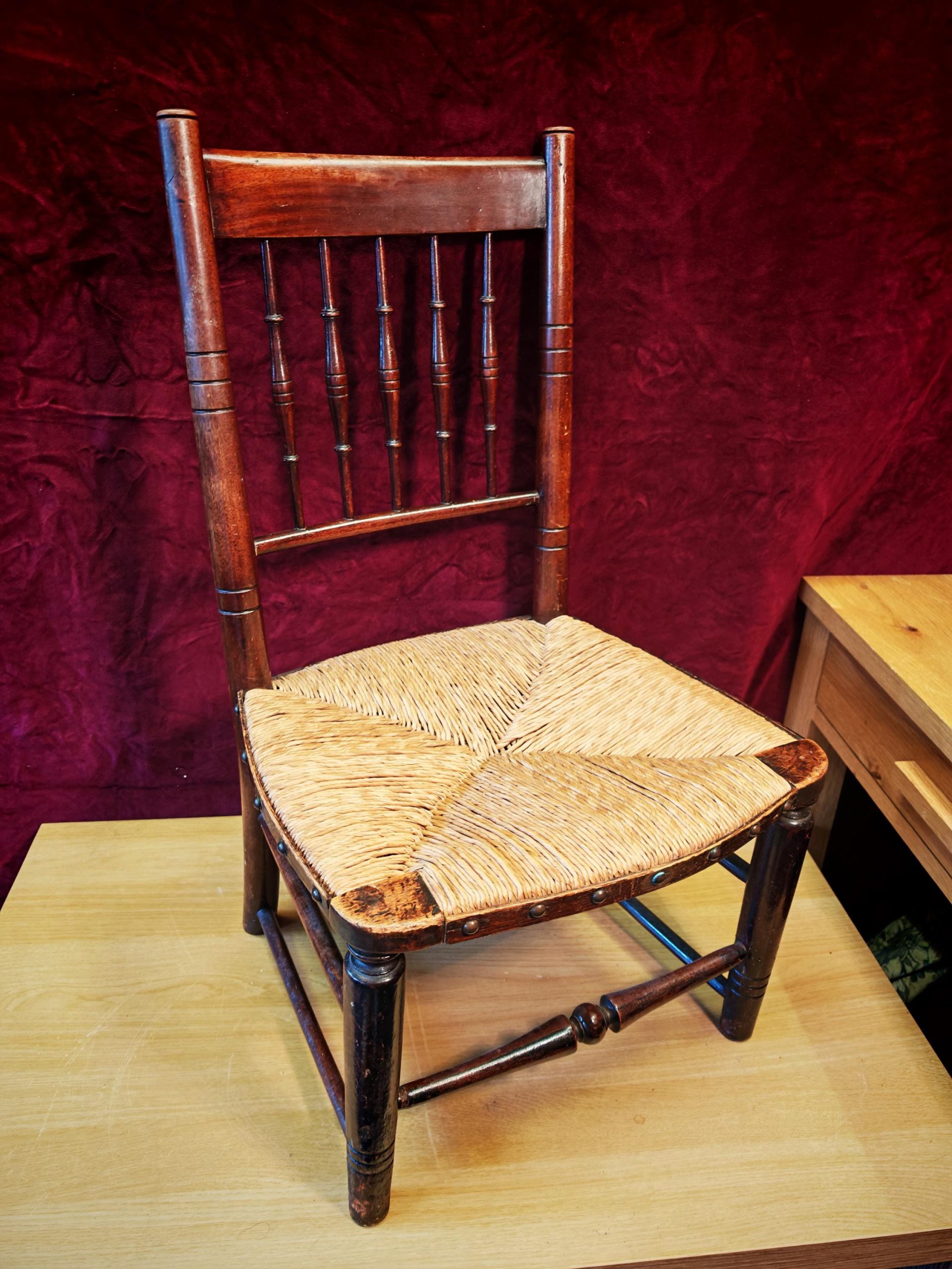 Antique Children's Rush and Straw Seated Dining Chair. Good Condition. Likely 19th Century. 75cm Tall