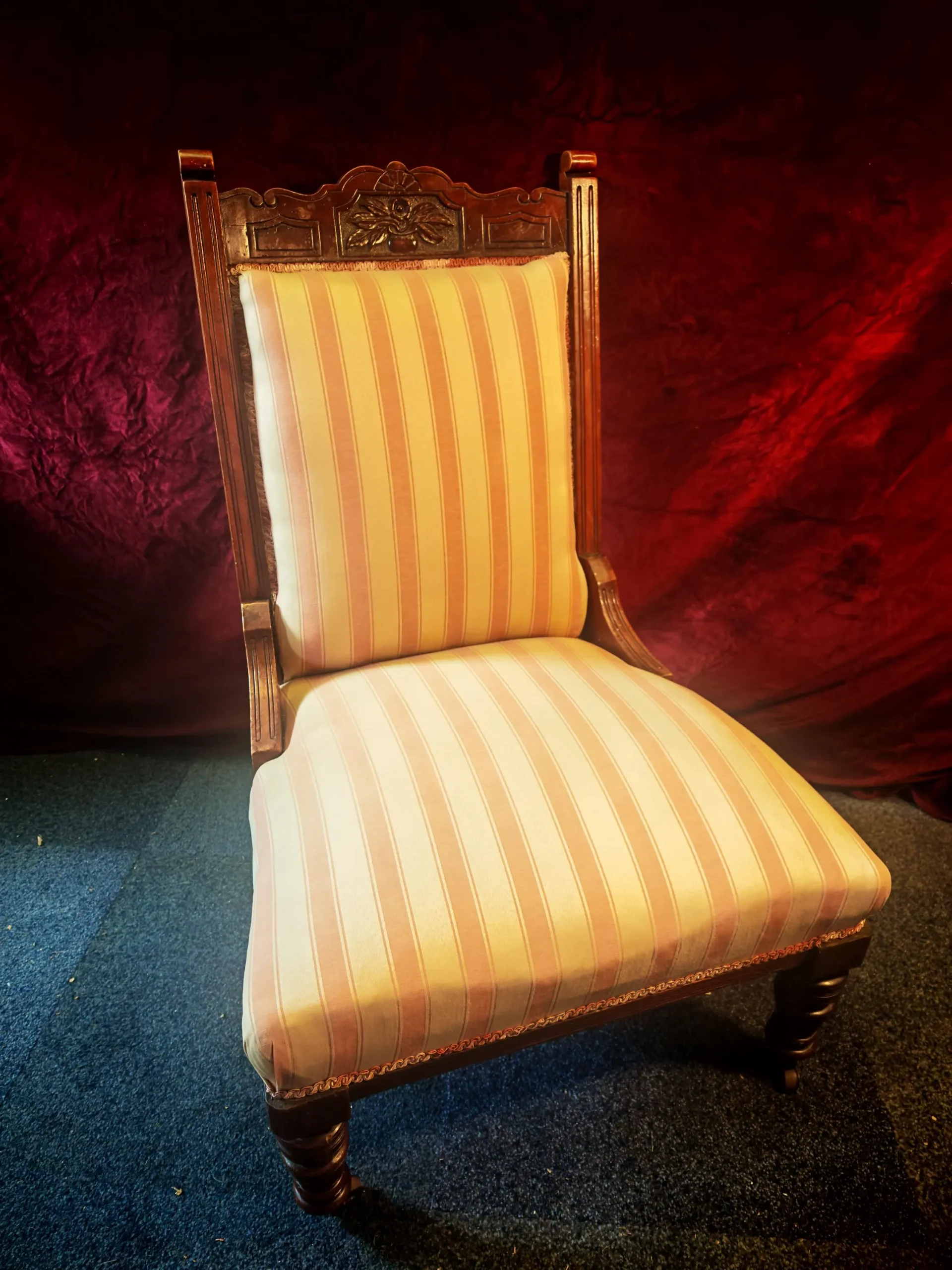 Antique Narrow Back, Pink and White Mahogany Victorian Nursing Chair. 1980s/90s Likely Reupholstered. 96cm Tall. Very Good Condition