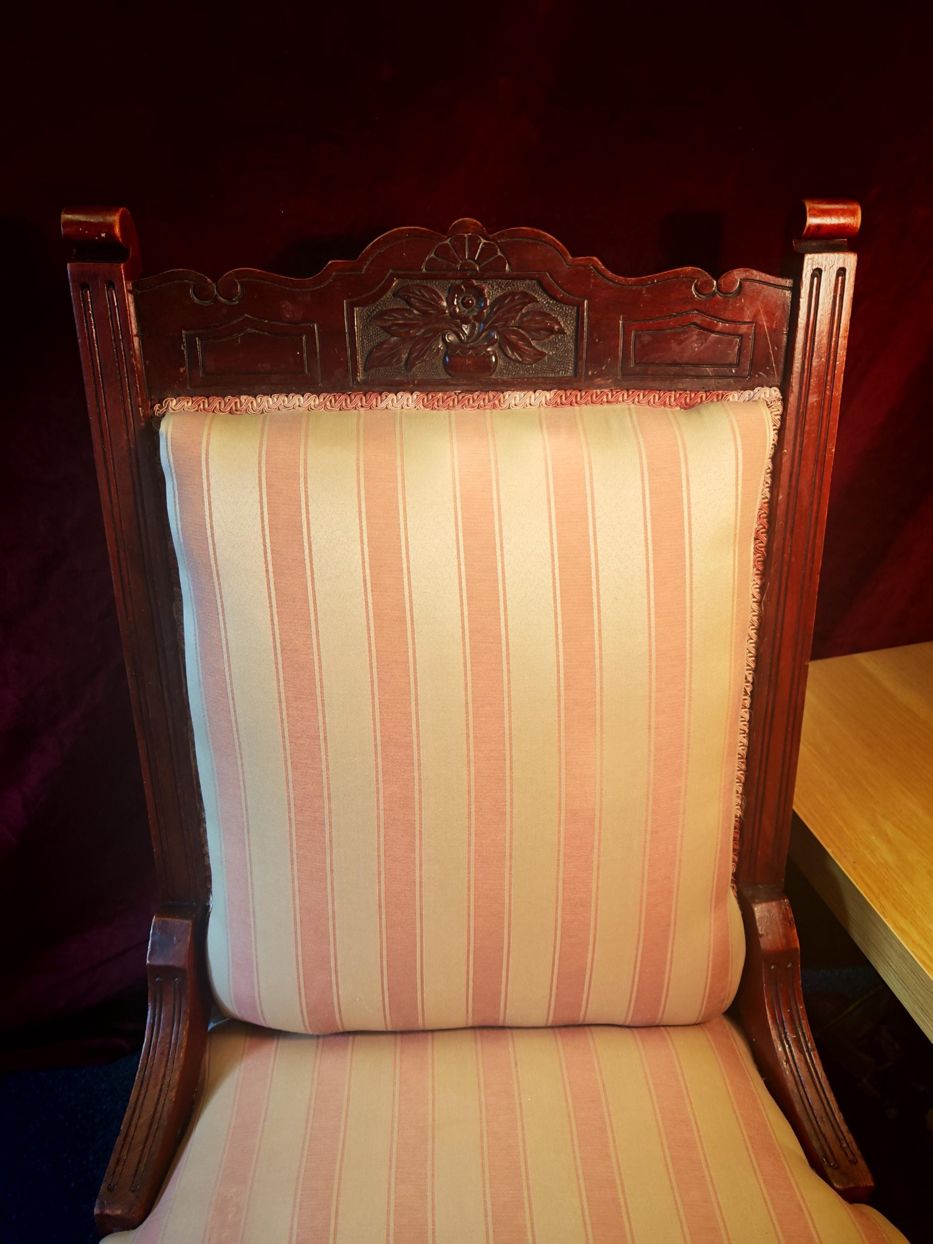 Antique Narrow Back, Pink and White Mahogany Victorian Nursing Chair. 1980s/90s Likely Reupholstered. 96cm Tall. Very Good Condition - Image 2
