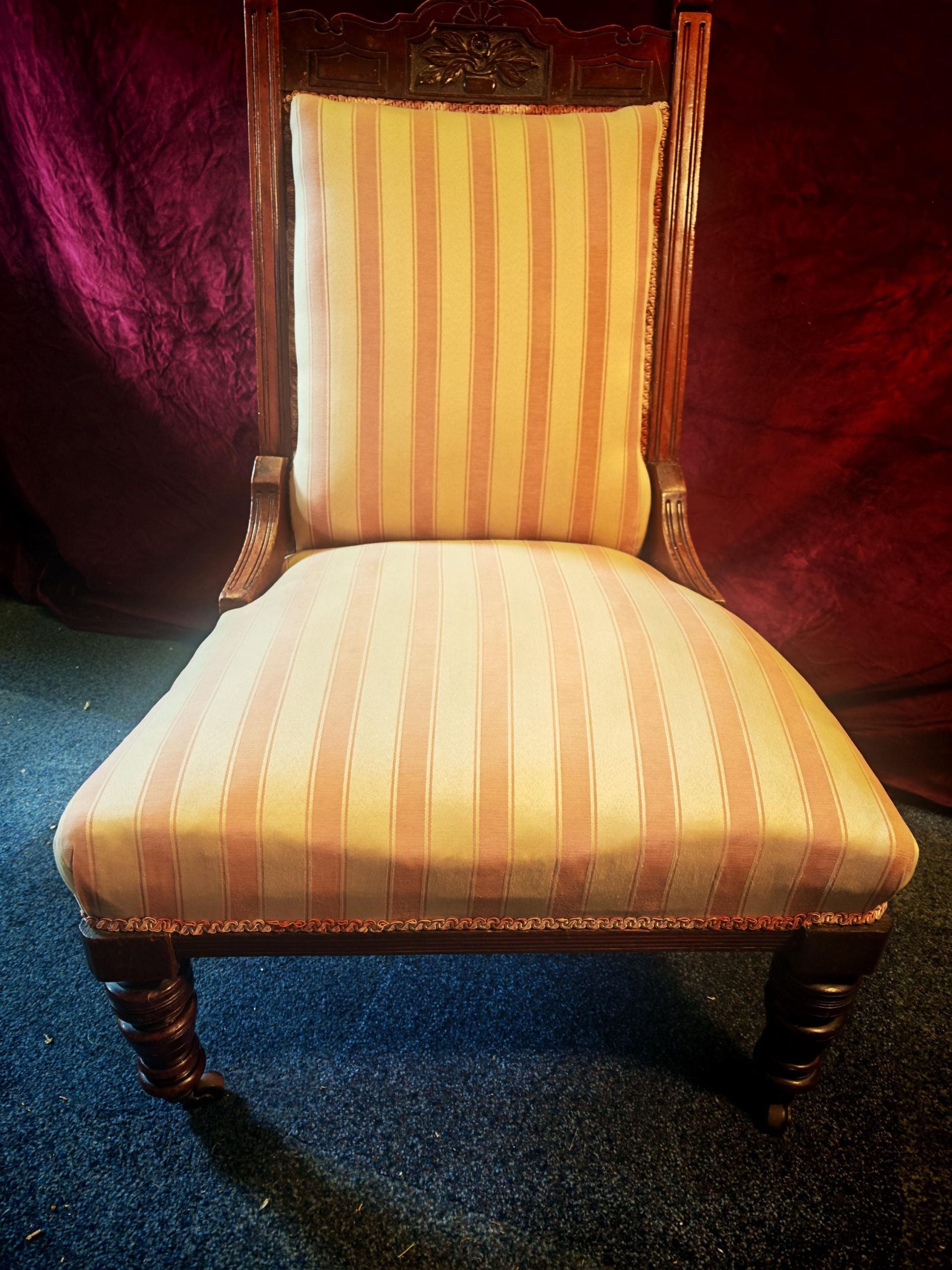 Antique Narrow Back, Pink and White Mahogany Victorian Nursing Chair. 1980s/90s Likely Reupholstered. 96cm Tall. Very Good Condition - Image 3