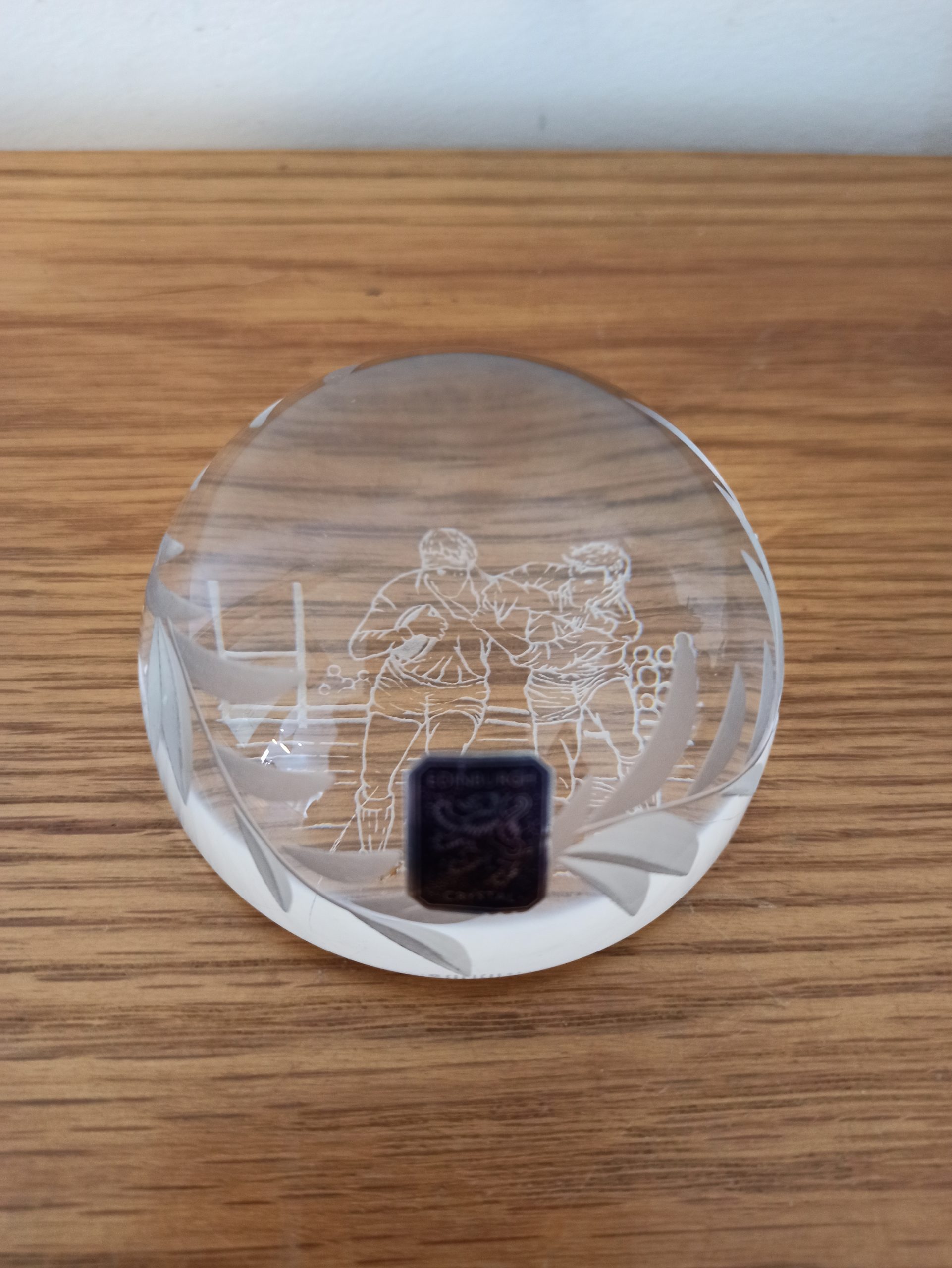 Edinburgh Crystal paperweight, rugby scene