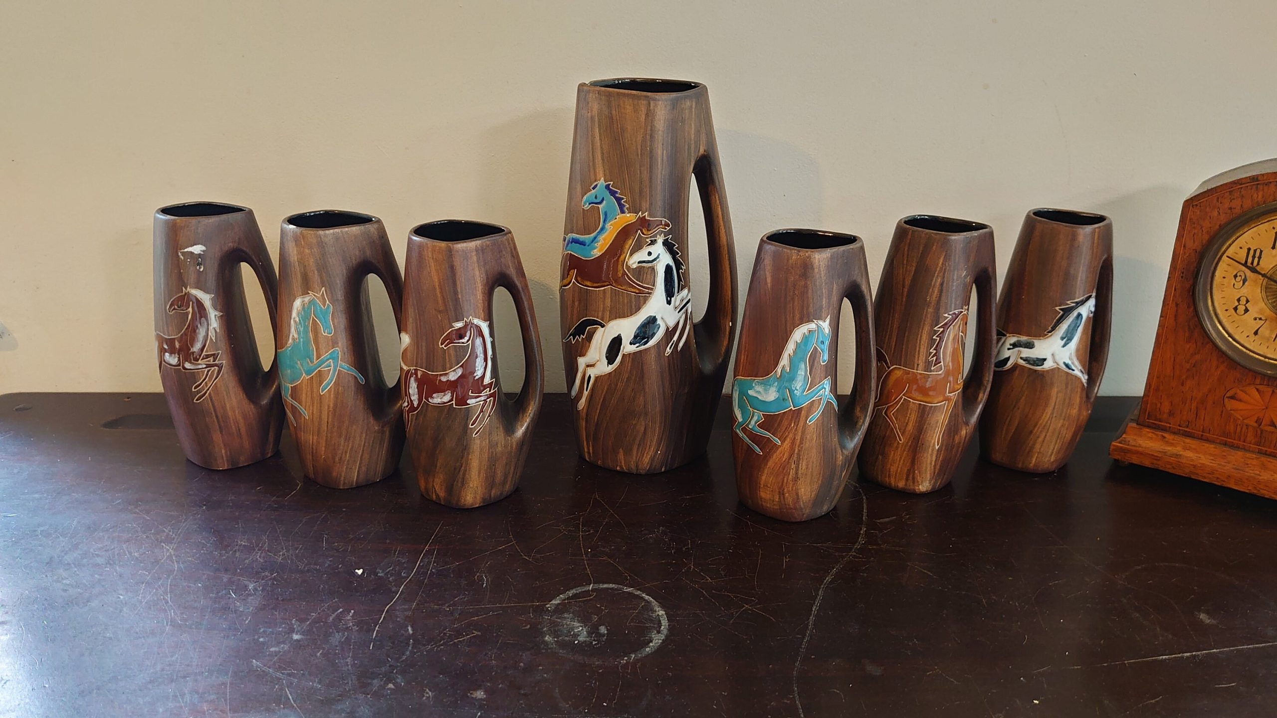 Enamelled Brush-Painted Pottery Horse Jugs - 1 Large, 6 Small - Unique Find - Good Condition - Image 2