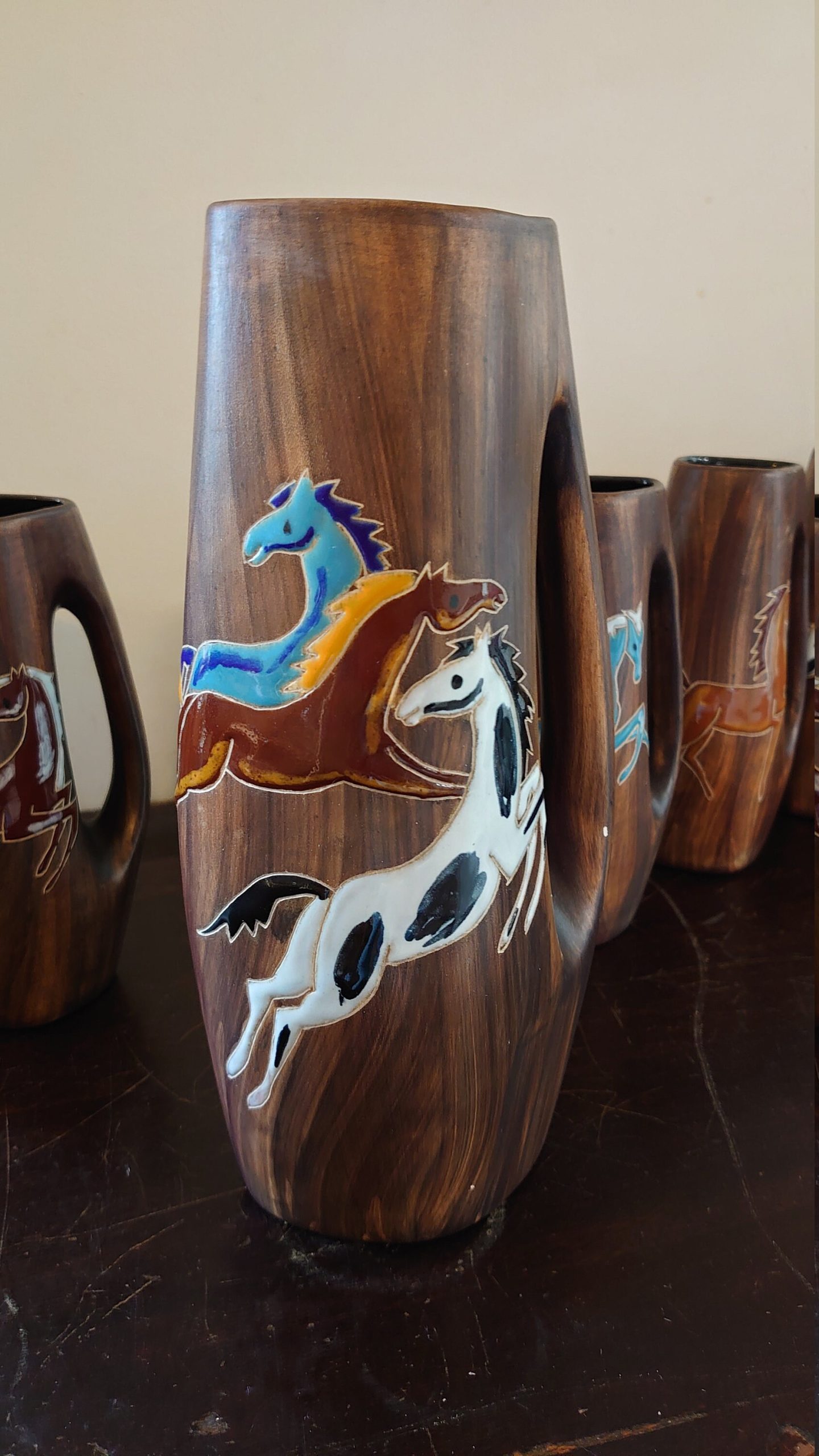 Enamelled Brush-Painted Pottery Horse Jugs - 1 Large, 6 Small - Unique Find - Good Condition - Image 3