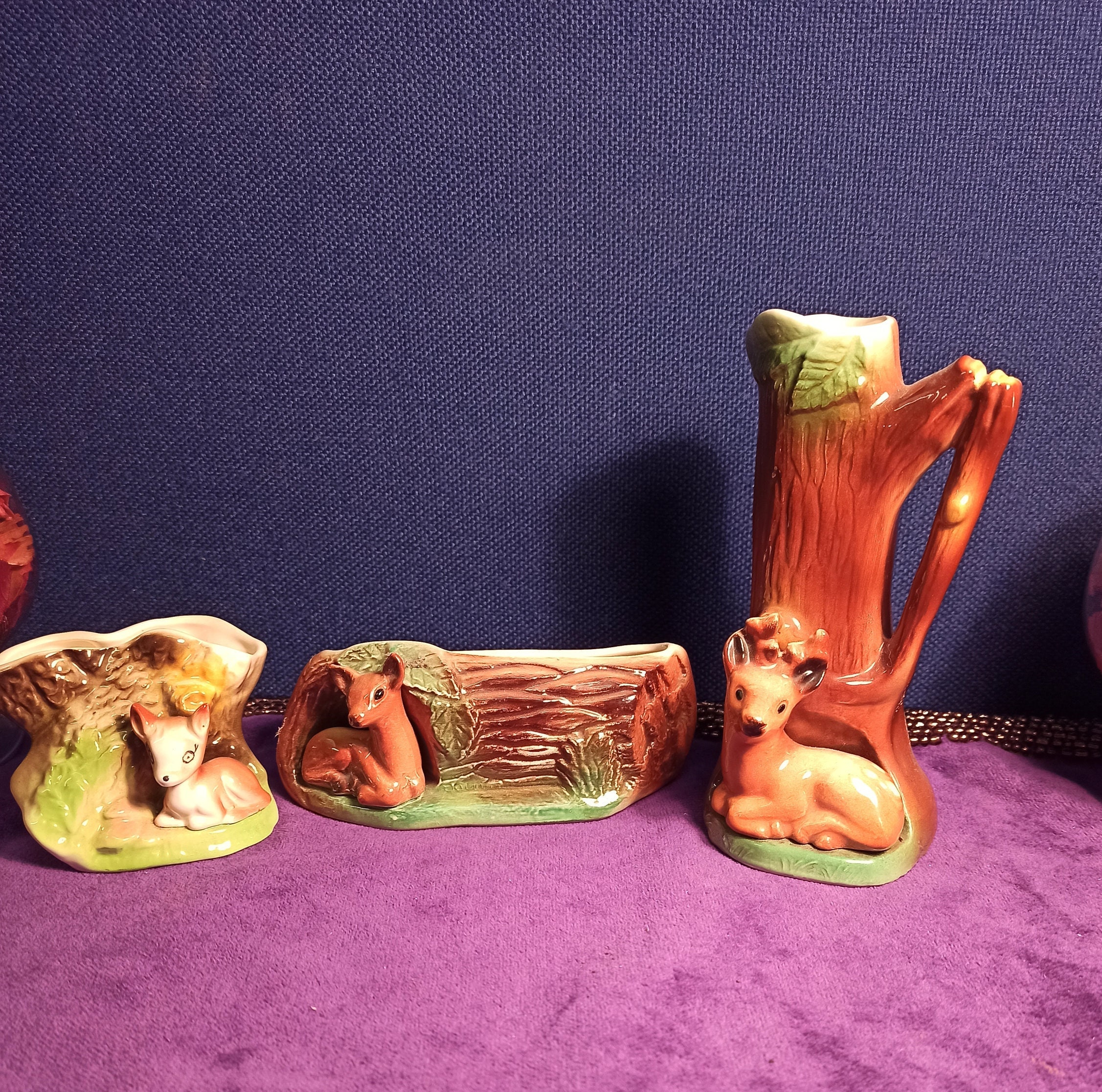 3 Vintage Withersea Posy Vases. Mother Deer and 2 Baby Deer's Sitting by Log.