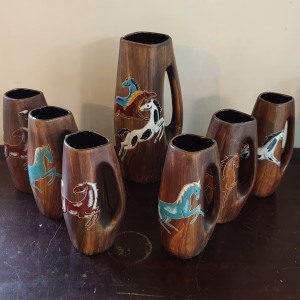 Enamelled Brush-Painted Pottery Horse Jugs - 1 Large, 6 Small - Unique Find - Good Condition