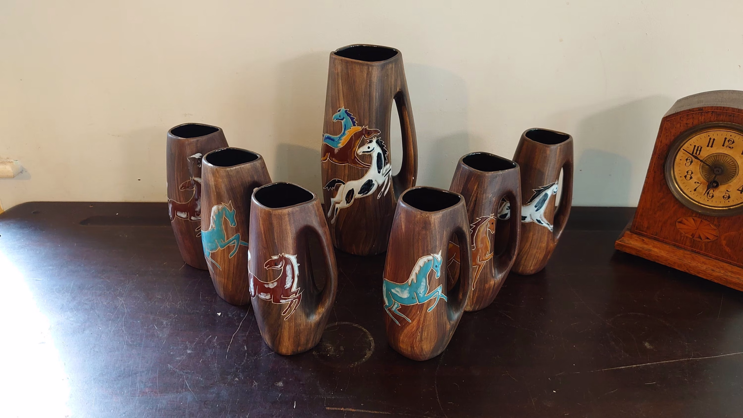 Enamelled Brush-Painted Pottery Horse Jugs - 1 Large, 6 Small - Unique Find - Good Condition