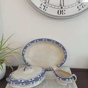 Antique Dinner Serving Set. Blue And White "Aire". Oval Meat Platter, Vegtable Tureen And Gravy/Sauce Boat.