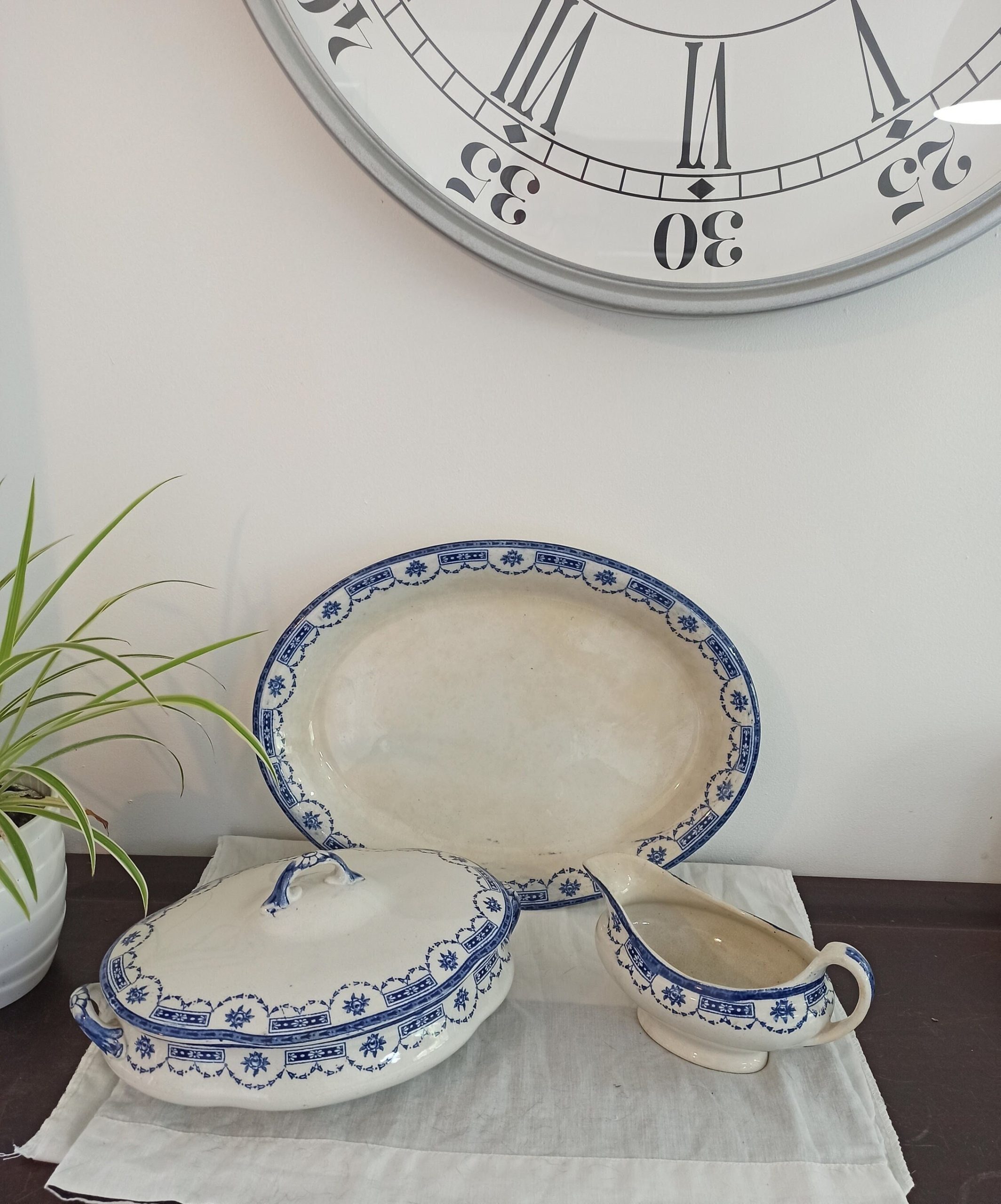Antique Dinner Serving Set. Blue And White "Aire". Oval Meat Platter, Vegtable Tureen And Gravy/Sauce Boat.