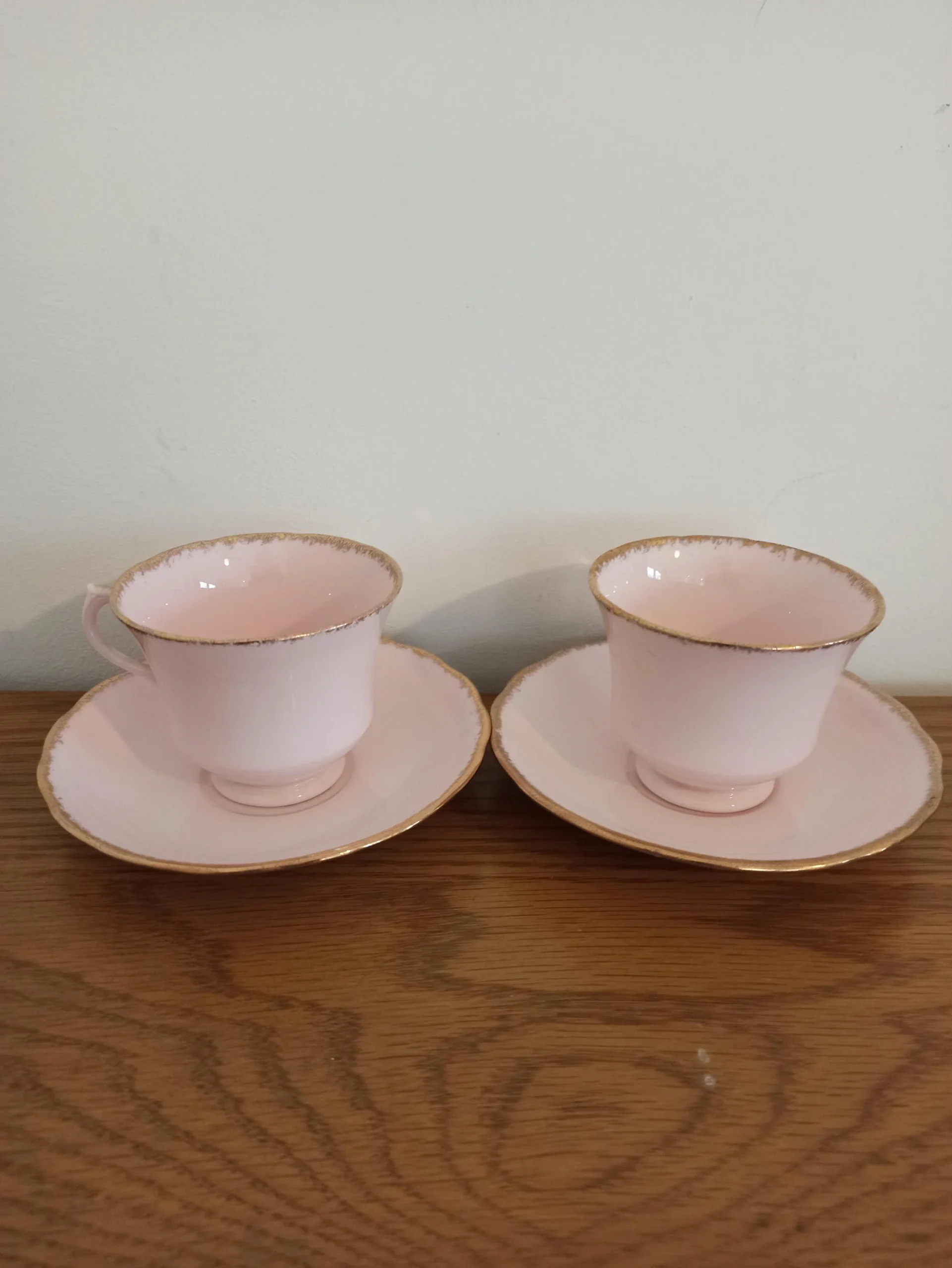 Vintage Baby Pink Vale Cups and Saucers. (Two Duos) Made in Longton, England.