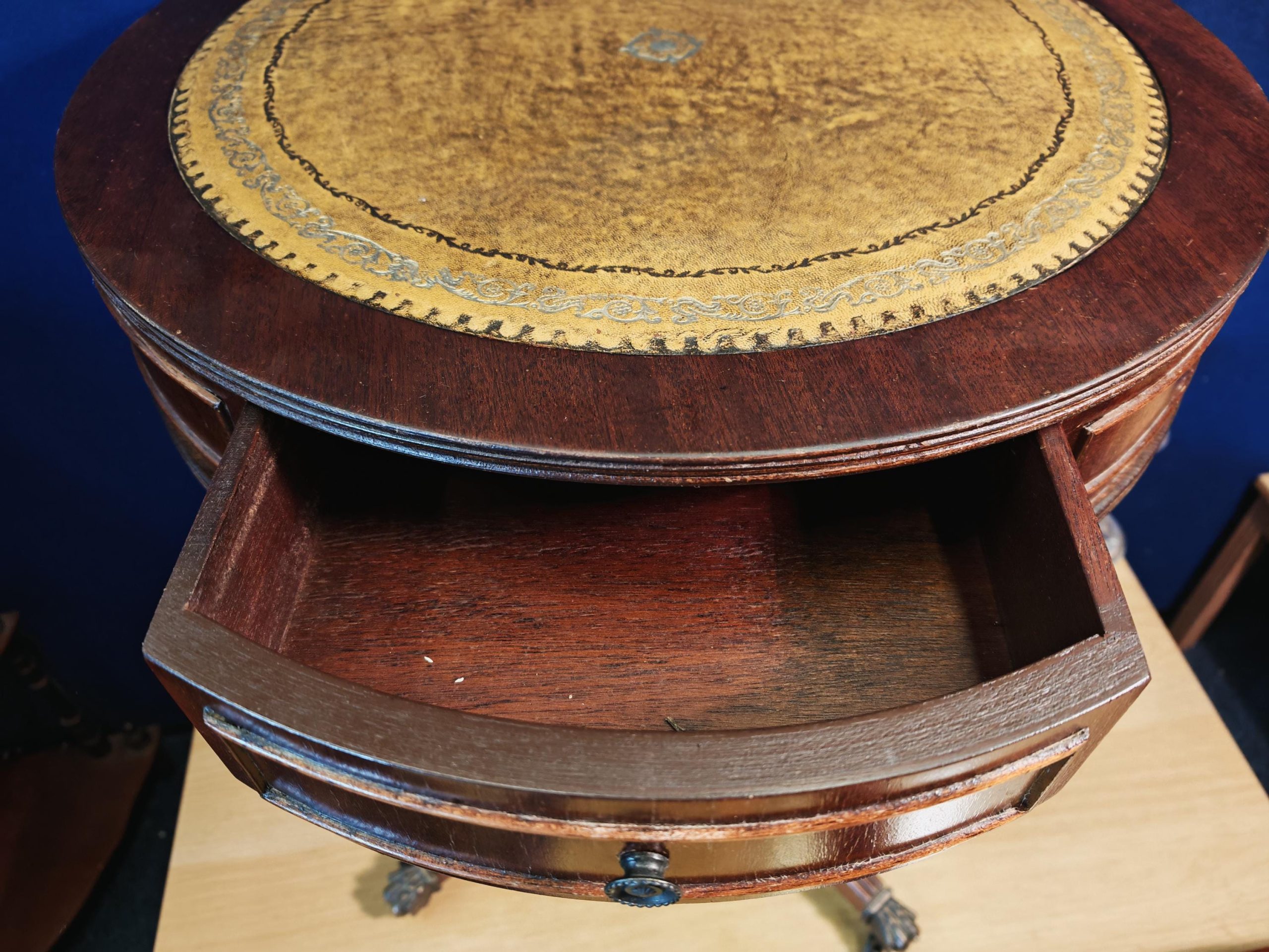 Vintage Mahogany 2-Drawer Drum Table and Interlocking Nest of Three Tables with Leather Inserts and Glass Tops - Image 10