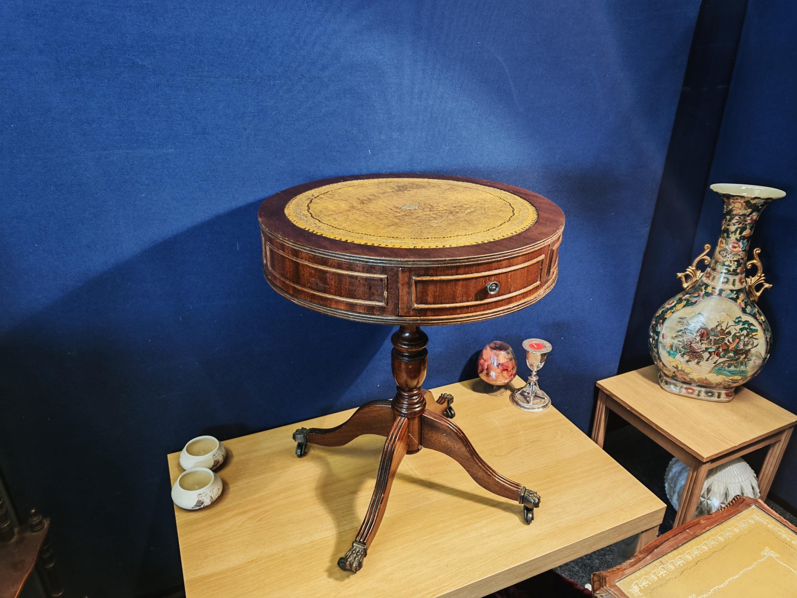 Vintage Mahogany 2-Drawer Drum Table and Interlocking Nest of Three Tables with Leather Inserts and Glass Tops - Image 2
