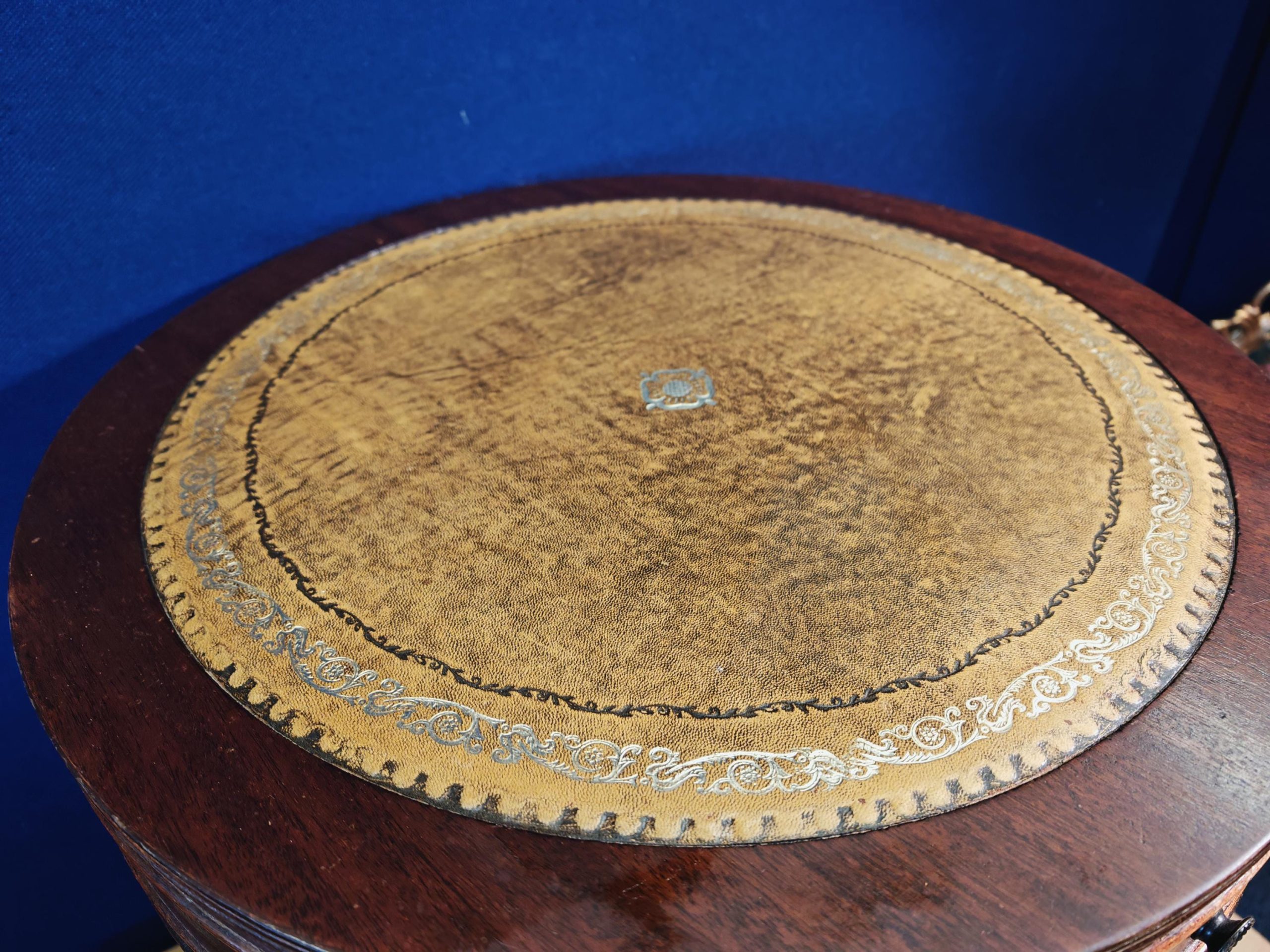 Vintage Mahogany 2-Drawer Drum Table and Interlocking Nest of Three Tables with Leather Inserts and Glass Tops - Image 8