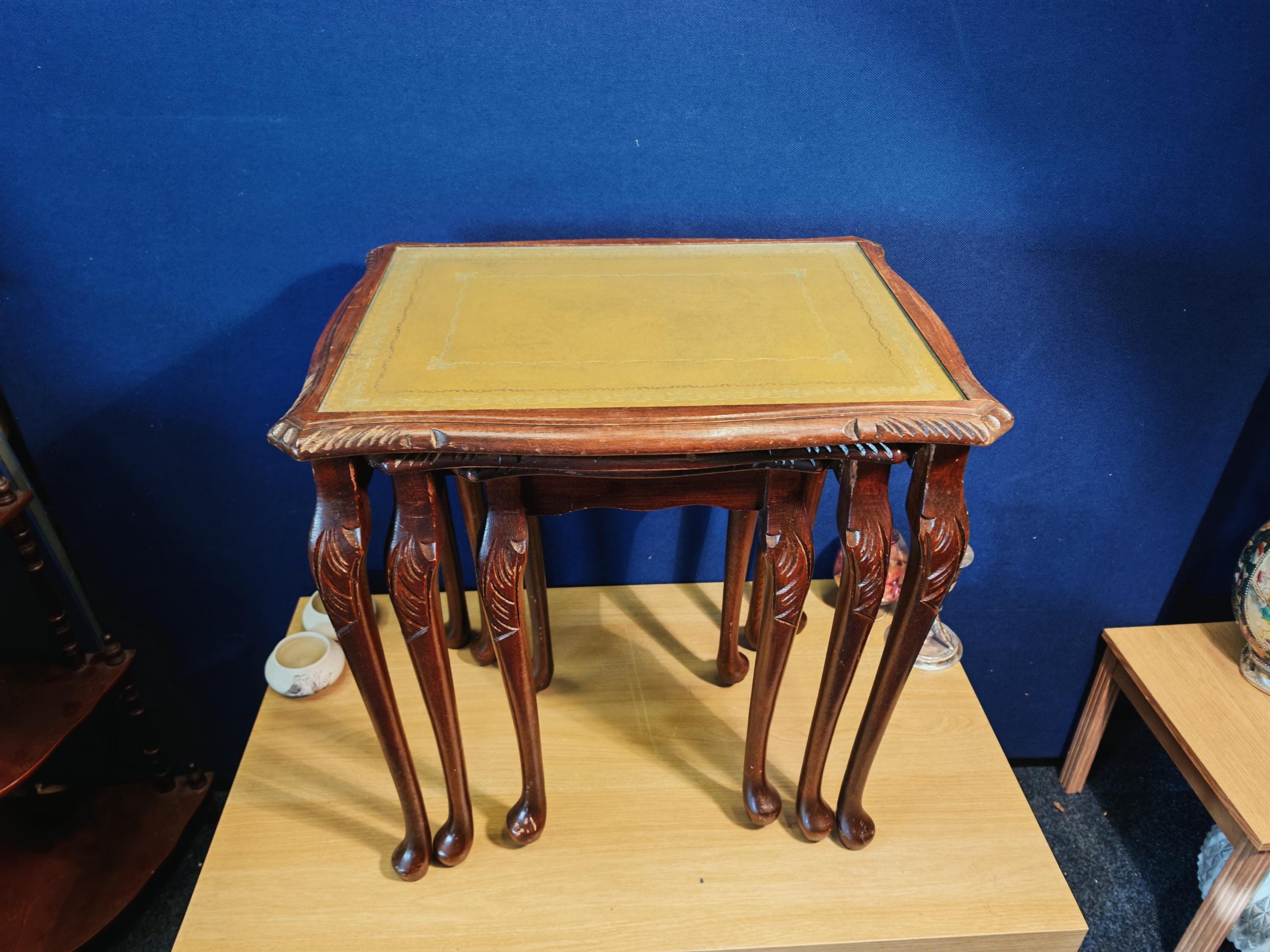 Vintage Mahogany 2-Drawer Drum Table and Interlocking Nest of Three Tables with Leather Inserts and Glass Tops - Image 3
